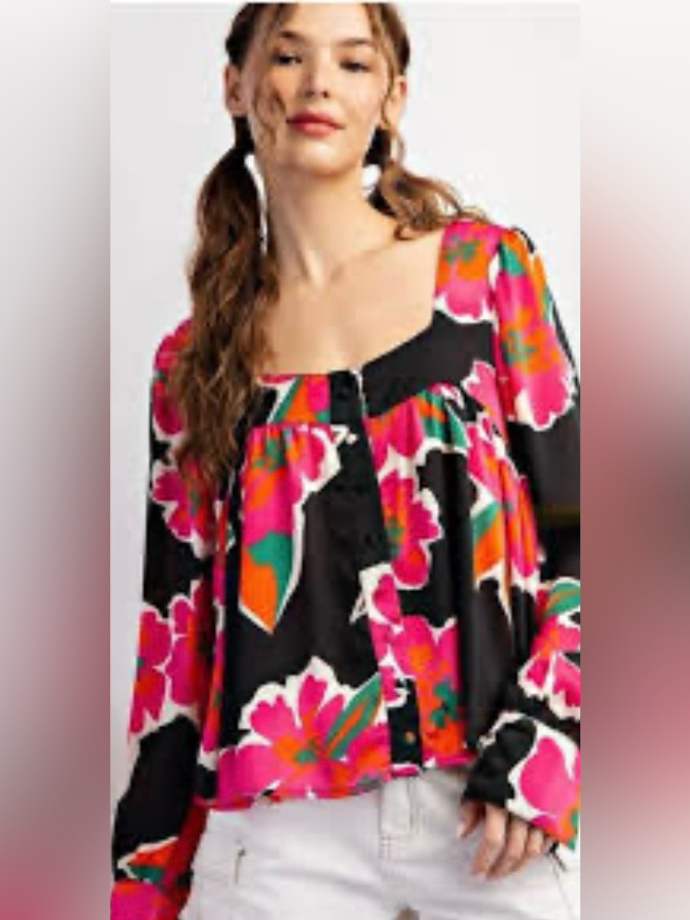 NEW! Ee:some Black Floral Square-Neck Women’s Blouse - Pink & Orange Print M